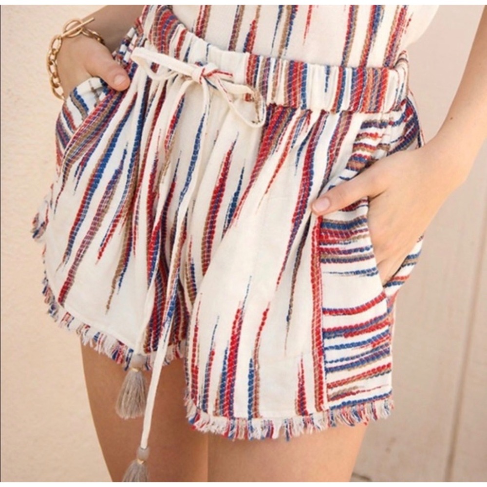 THML Womens Embroidered Tassel Boho Shorts Cream Red Blue Stripe M